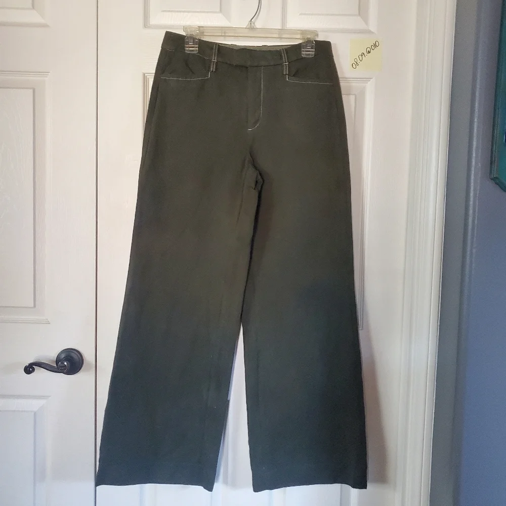 Banana Republic Linen Blend Olive Green Wide-leg Pants Preppy Casual Academia